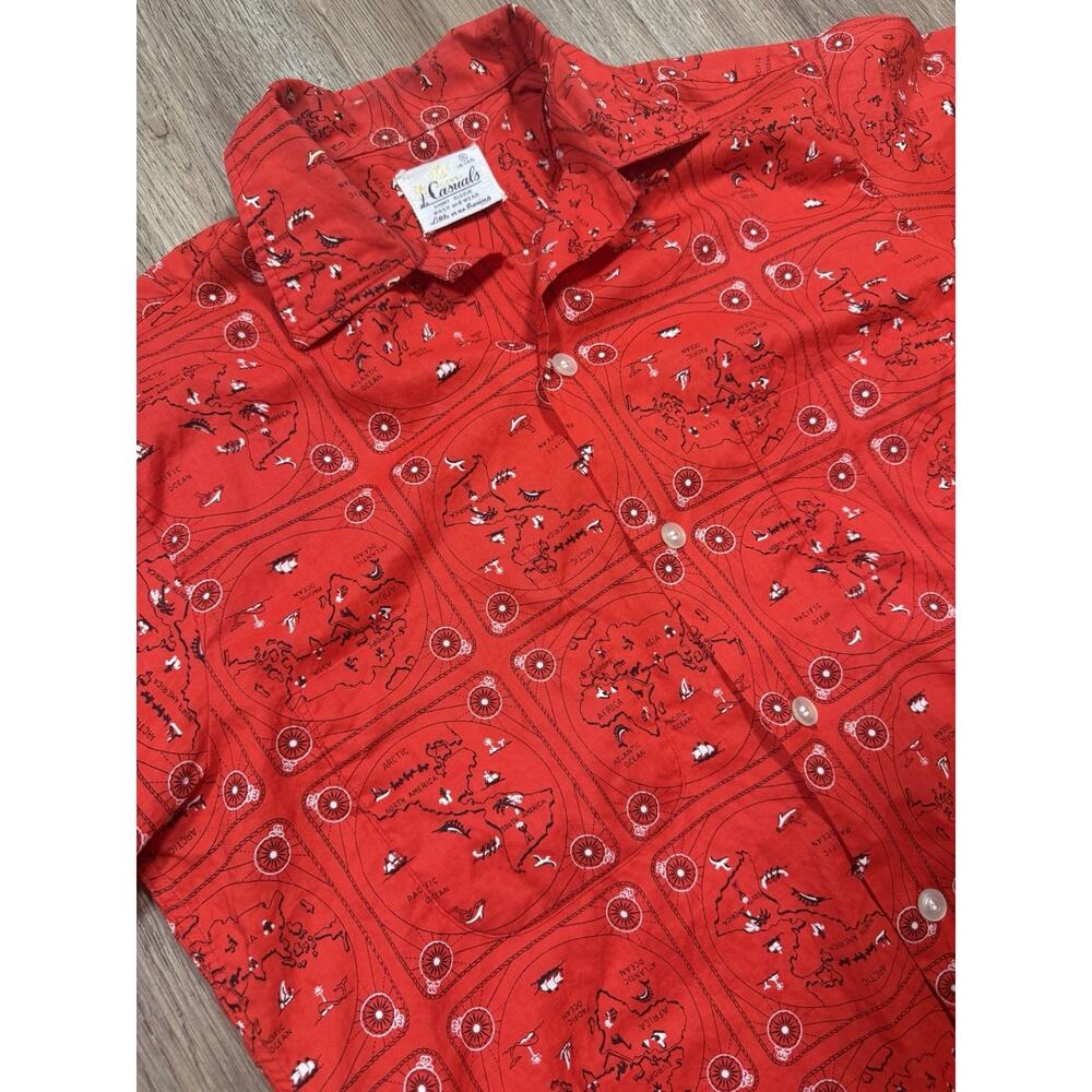 Mens Vintage Rare Size Small 50s / 60s Red Novelty Map Vacation Button Down
